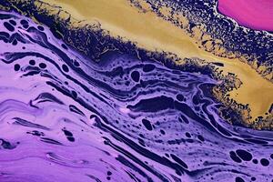 Metallic gold abstraction on violet waves. Fluid Art. Marble effect background or texture photo