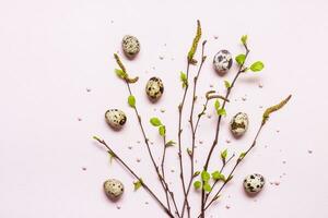 Natural easter decor. Blooming young twigs and quail eggs on delicate pink background. Happy easter concept photo