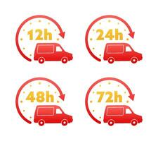 12, 24, 36, 48 and 72 hours clock arrow. Working and Delivery service effect time icons. Order execution. Vector stock illustration