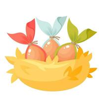 Easter eggs with colorful ears in a nest made of straw. Festive composition, vector illustration on a white background. Cartoon nest with three eggs.Happy Easter. Design for Easter cards, banners.