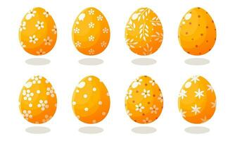 A set of yellow Easter eggs with different patterns. Vector illustration on a white background. Happy easter. Spring holiday. Collection of decorative Easter symbol. Spring colorful chocolate egg.