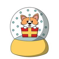 nieve globo con linda perro corgi en regalo caja en color vector