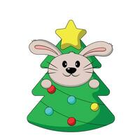 Cute Rabbit in costume Christmas Tree in color vector