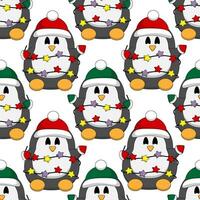 Seamless pattern with Christmas Penguin and garland vector