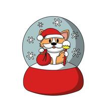 nieve globo con perro corgi Papa Noel en color vector