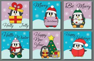 conjunto Navidad saludo tarjeta postal con linda pingüino vector