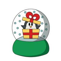 Snow globe with cute Penguin in present box in color vector