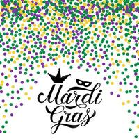 Mardi Gras calligraphy lettering on background with colorful confetti.  Fat or Shrove Tuesday poster. Traditional carnival in New Orleans. Vector template for banner, flyer, party invitation.