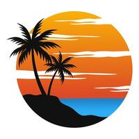 Sunset palm coconut tree beach vector logo design