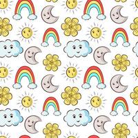 Handrawn cute pattern with sun,rainbow,cloud and moon vector design