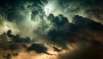 ai generado un oscuro Tormentoso cielo con nubes y relámpago foto