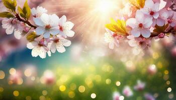 AI generated beautiful spring flowers with sun shining over them photo