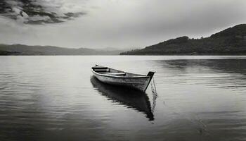 ai generado un negro y blanco foto de un barco en un lago