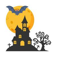 moon, bat fly, palace, tombstone with tree illustration vector