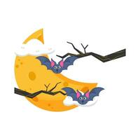 moon, bat fly with twigs illustration vector