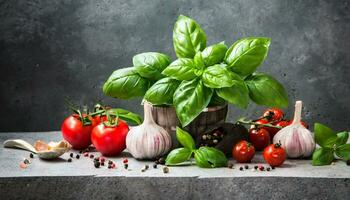 AI generated fresh basil, tomatoes and garlic on a table photo