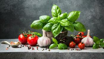 ai generado Fresco albahaca, Tomates y ajo en un mesa foto