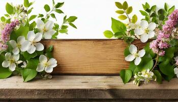 ai generado de madera firmar con flores en un blanco antecedentes foto