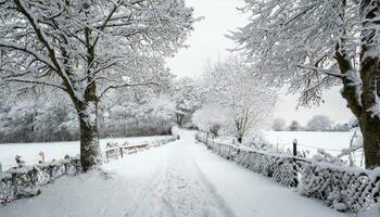 AI generated a snowy road leads to a fence and trees photo