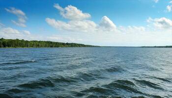 AI generated a large body of water with trees and clouds photo