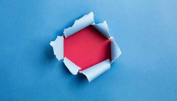 AI generated torn paper hole on blue background photo