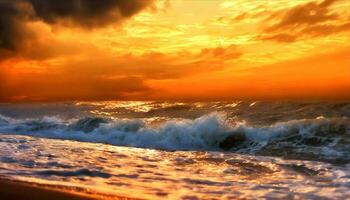 ai generado un hermosa puesta de sol terminado el Oceano con olas estrellarse foto