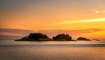 AI generated sunset over the ocean with small islands in the background photo