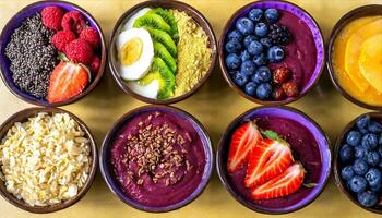AI generated a variety of bowls filled with different types of fruit photo