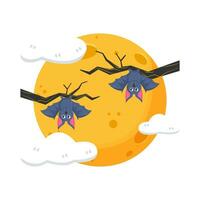 moon, cloud with bat in twigs illustration vector