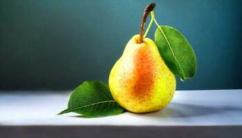 AI generated a pear with leaves on it sitting on a table photo