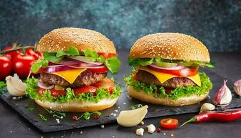 AI generated two burgers with cheese, lettuce, tomatoes and onions photo