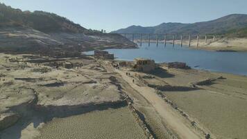 Aceredo ghost village emerges from cracked earth, drought in Galicia Aerial View video