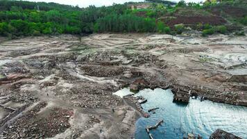 Aceredo ghost village emerges from cracked earth, drought in Galicia Aerial View video