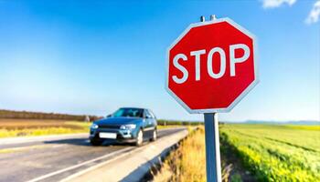 ai generado un coche conducción por un detener firmar en el la carretera foto