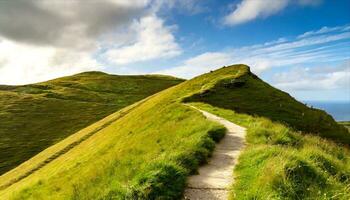 AI generated path to the top of a hill with grass and blue sky photo