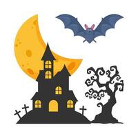 moon, bat fly,  palace, tombstone with tree illustration vector