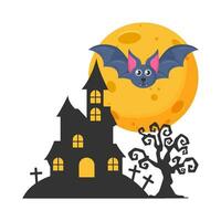 moon, bat fly,  palace, tombstone with tree illustration vector