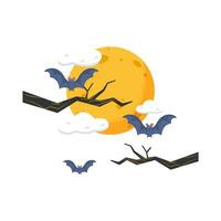 moon, bat fly with twigs illustration vector