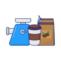 grinder coffee, cup coffee drink with coffee packaging illustration vector