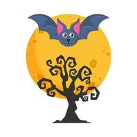 moon, bat fly with tree illustration vector