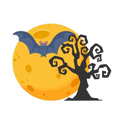 moon, bat fly with tree illustration