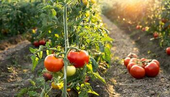 AI generated tomatoes growing in a field with the sun shining photo