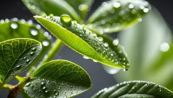 AI generated a close up of green leaves with water droplets photo