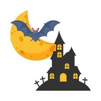 bat fly, moon, palace with tombstone illustration vector