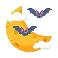 moon, cloud with bat fly illustration vector