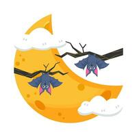 moon, cloud with bat in twigs illustration vector