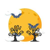 moon, bat fly with tree illustration vector