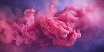 ai generado púrpura-rosa mullido pastel tinta fumar en un azul antecedentes. generado por artificial inteligencia. foto