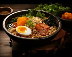 AI generated Japanese ramen with meat, eggs and green on a plate. photo