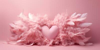 ai generado un rosado corazón rodeado por plumas en un rosado antecedentes. San Valentín día celebracion. nacido de artificial inteligencia. foto